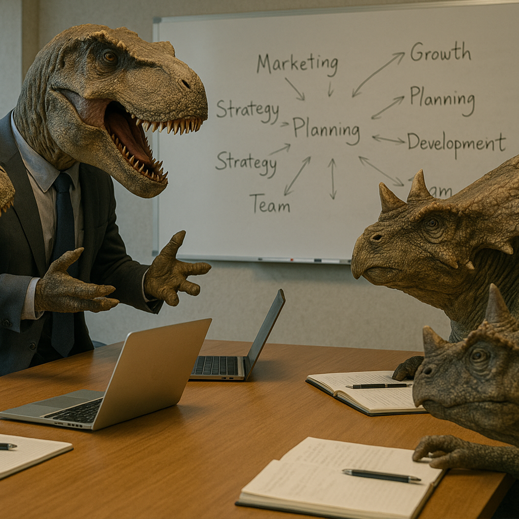 dinosaurs in a meeting generated from ChatGPT